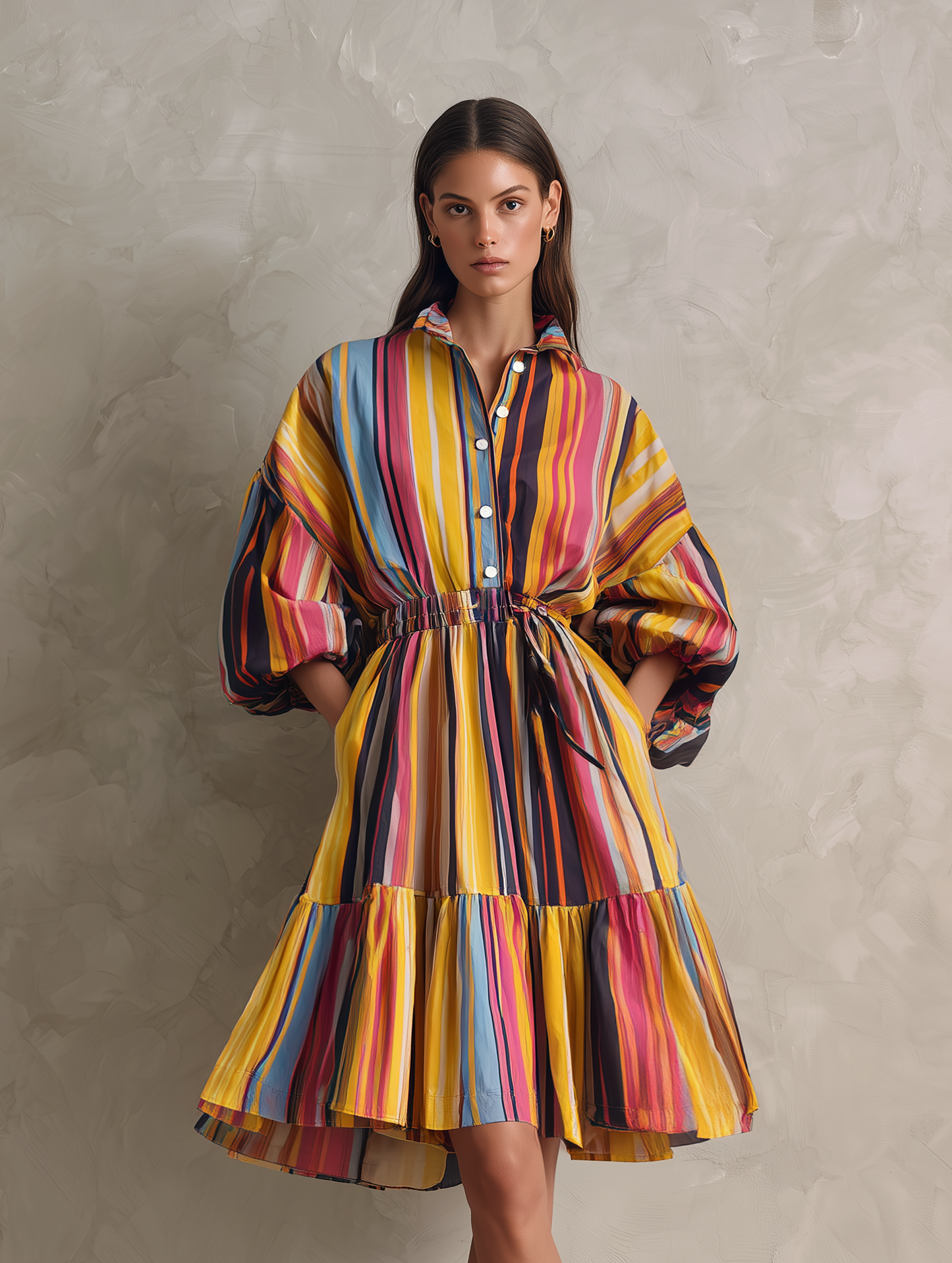 Women's Casual Woven Midi Dress With Colorful Print And 3/4 Sleeves