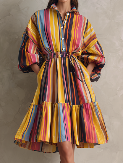 Women's Casual Woven Midi Dress With Colorful Print And 3/4 Sleeves