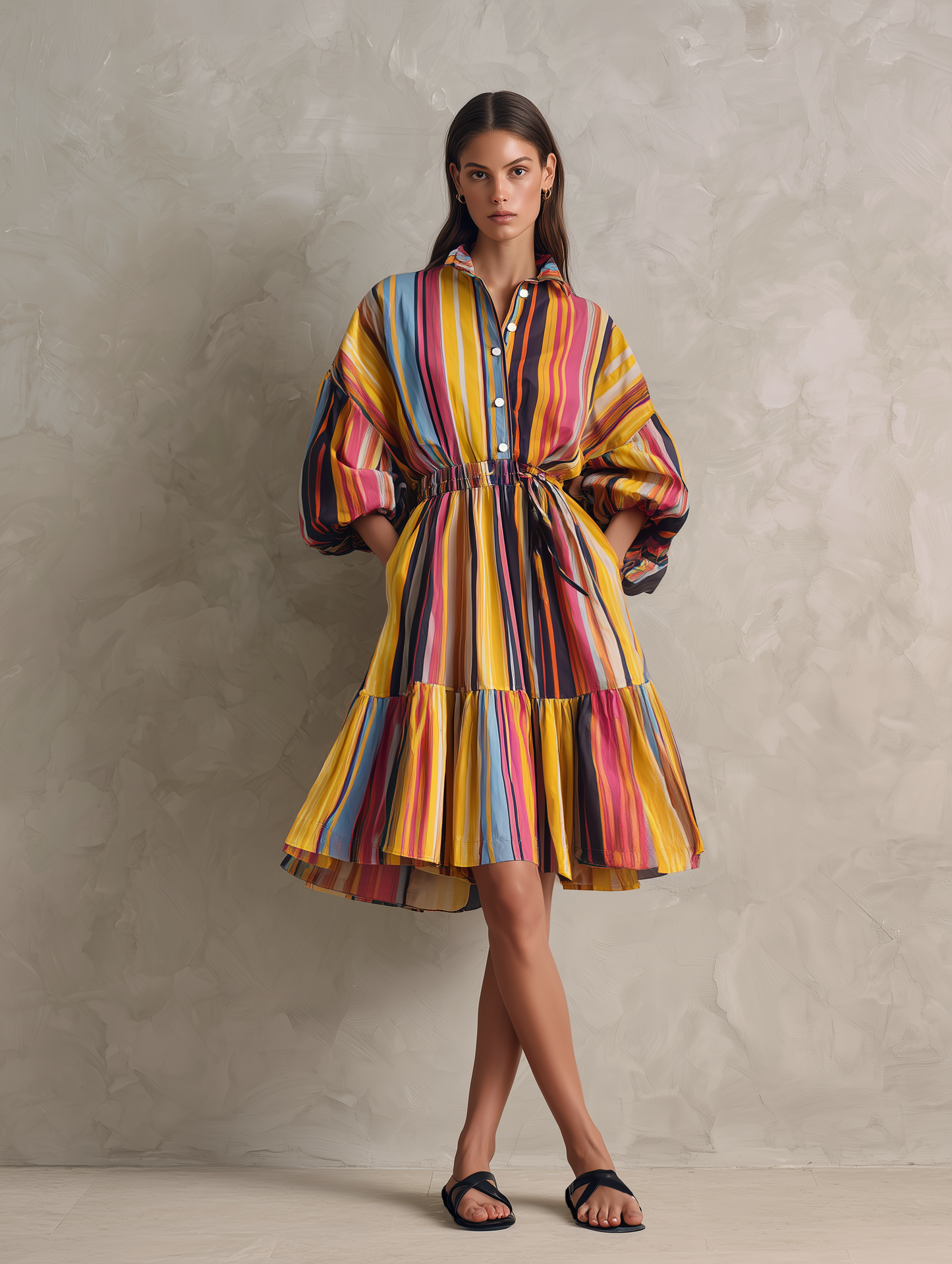 Women's Casual Woven Midi Dress With Colorful Print And 3/4 Sleeves