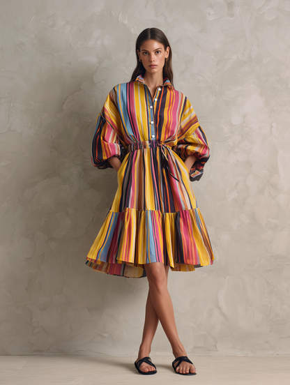 Women's Casual Woven Midi Dress With Colorful Print And 3/4 Sleeves