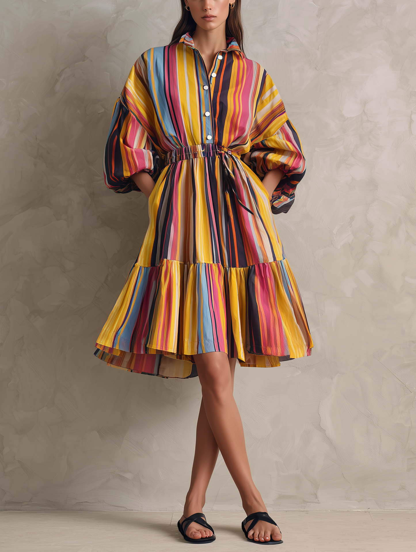 Women's Casual Woven Midi Dress With Colorful Print And 3/4 Sleeves