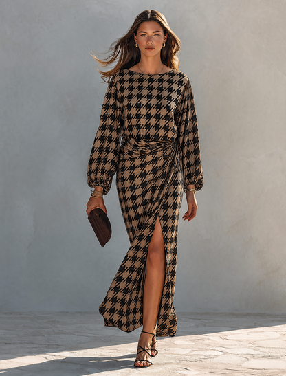 Women's Minimalist Houndstooth Print Long-Sleeve Maxi Dress With Side-Waist Ruching
