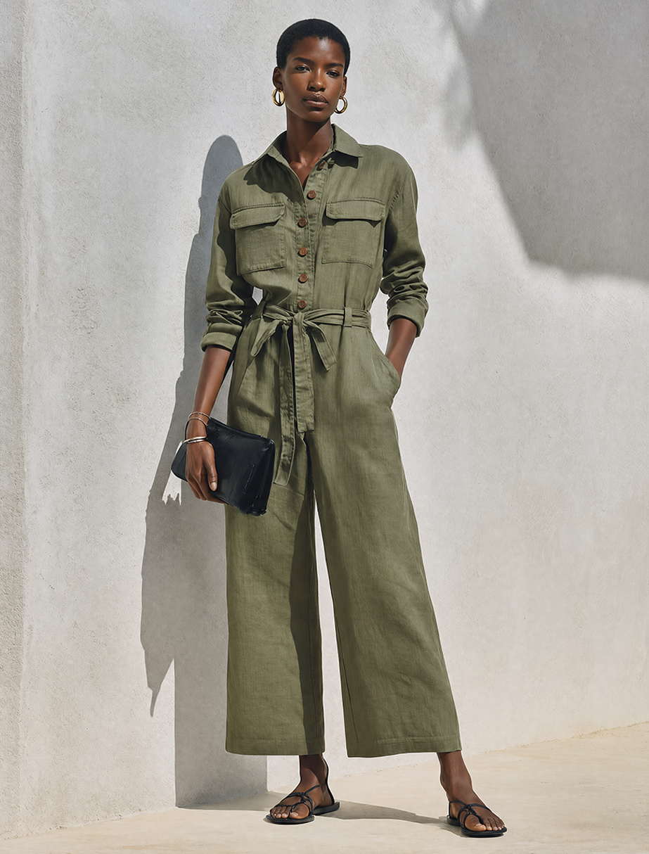 Women's Minimalist Linen-Blend Long-Sleeve Wide-Leg Jumpsuit
