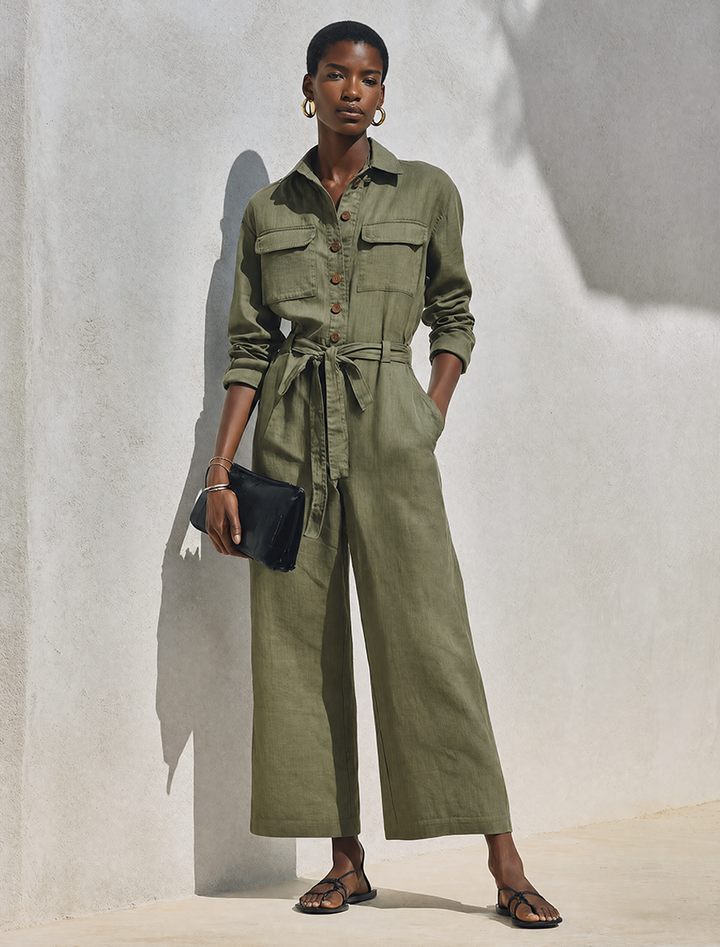 Women's Minimalist Linen-Blend Long-Sleeve Wide-Leg Jumpsuit