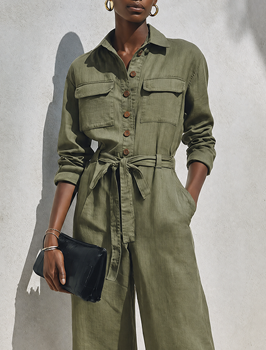Women's Minimalist Linen-Blend Long-Sleeve Wide-Leg Jumpsuit