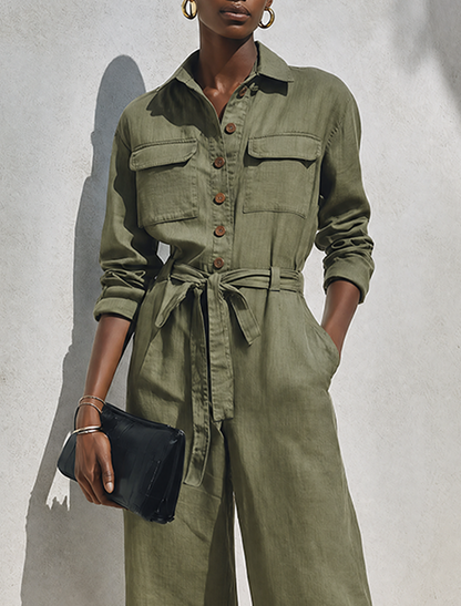Women's Minimalist Linen-Blend Long-Sleeve Wide-Leg Jumpsuit