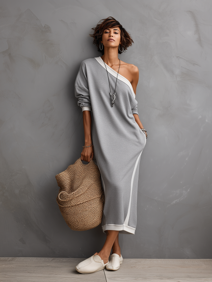 Women's Casual Minimalist Off-Shoulder Long-Sleeve Maxi Sweatshirt Dress With White Trim