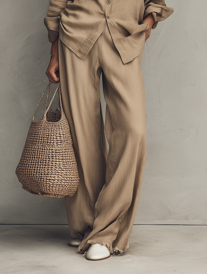 Women's Minimalist Long-Sleeve Shirt And Wide-Leg Pants Set With Raw Hems