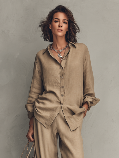 Women's Minimalist Long-Sleeve Shirt And Wide-Leg Pants Set With Raw Hems