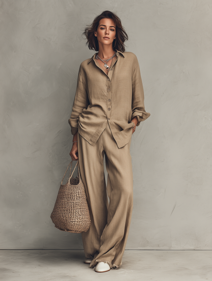 Women's Minimalist Long-Sleeve Shirt And Wide-Leg Pants Set With Raw Hems