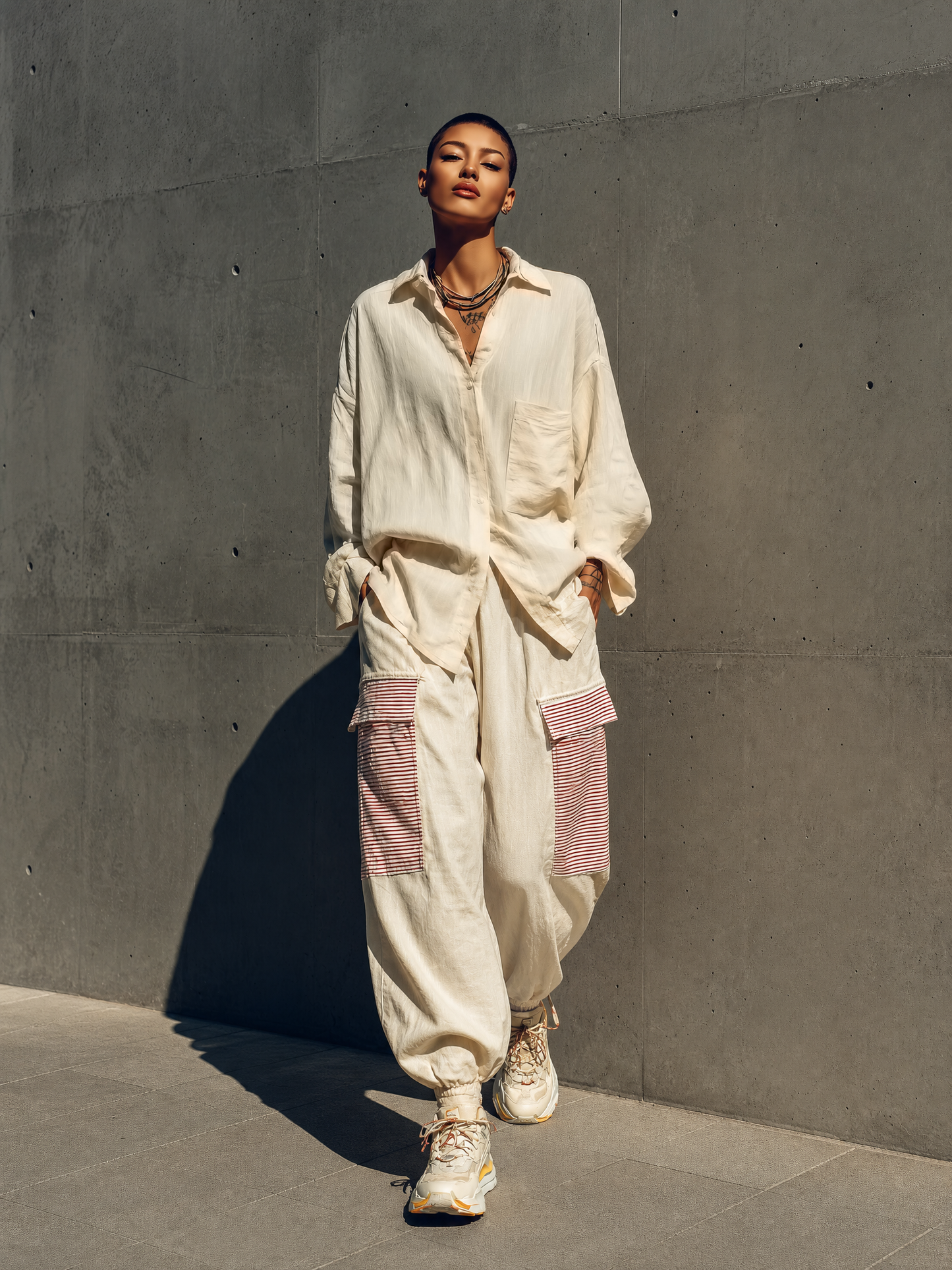 Women's Cream Linen Oversized Pocket Shirt Red White Stripe Patch Cargo Jogger Pants Two Piece Outfit Set