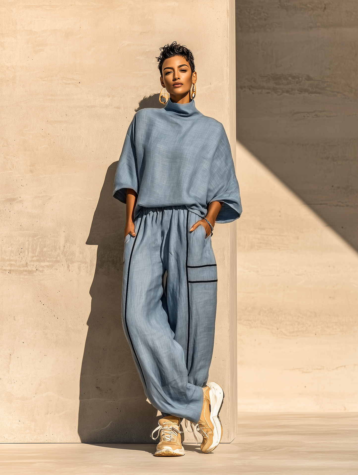 Women's Dusty Blue Linen Turtleneck Three Quarter Sleeve Top Contrast Stripe Drawstring Wide Leg Pants Two Piece Set