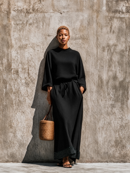 Women's Solid Black Linen Blend High Neck Loose Top Matching Wide Leg Polka Dot Trim Maxi Skirt Two Piece Set