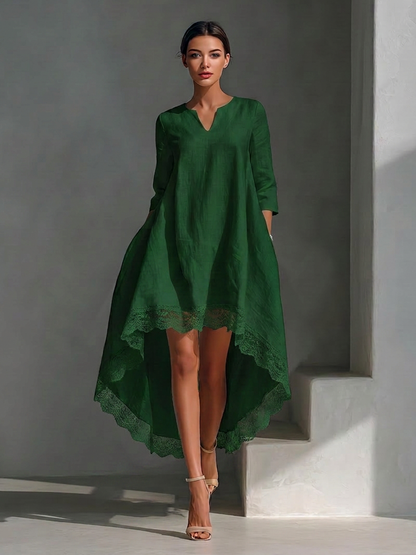 Women's Forest Green Cotton-linen Blend Lace Trim High Low Hem V Neck Three Quarter Sleeve Loose Dress