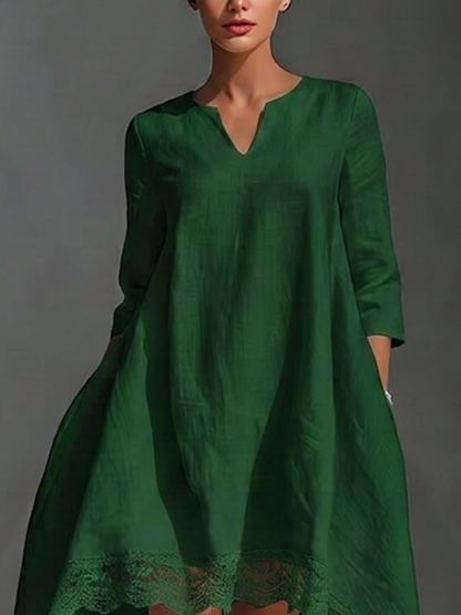 Women's Forest Green Cotton-linen Blend Lace Trim High Low Hem V Neck Three Quarter Sleeve Loose Dress
