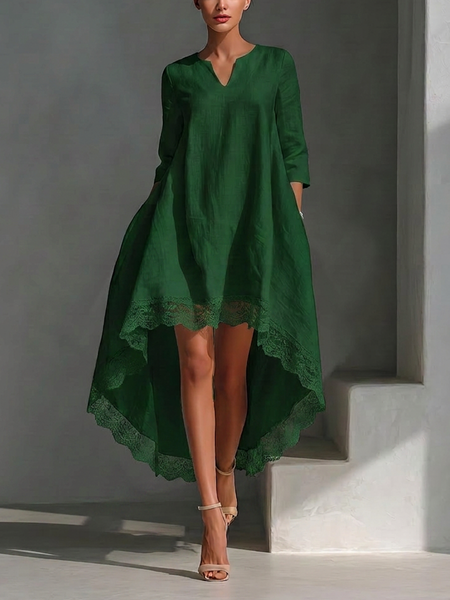 Women's Forest Green Cotton-linen Blend Lace Trim High Low Hem V Neck Three Quarter Sleeve Loose Dress