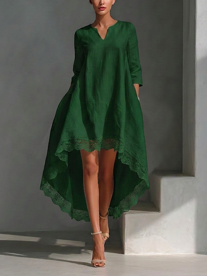 Women's Forest Green Cotton-linen Blend Lace Trim High Low Hem V Neck Three Quarter Sleeve Loose Dress