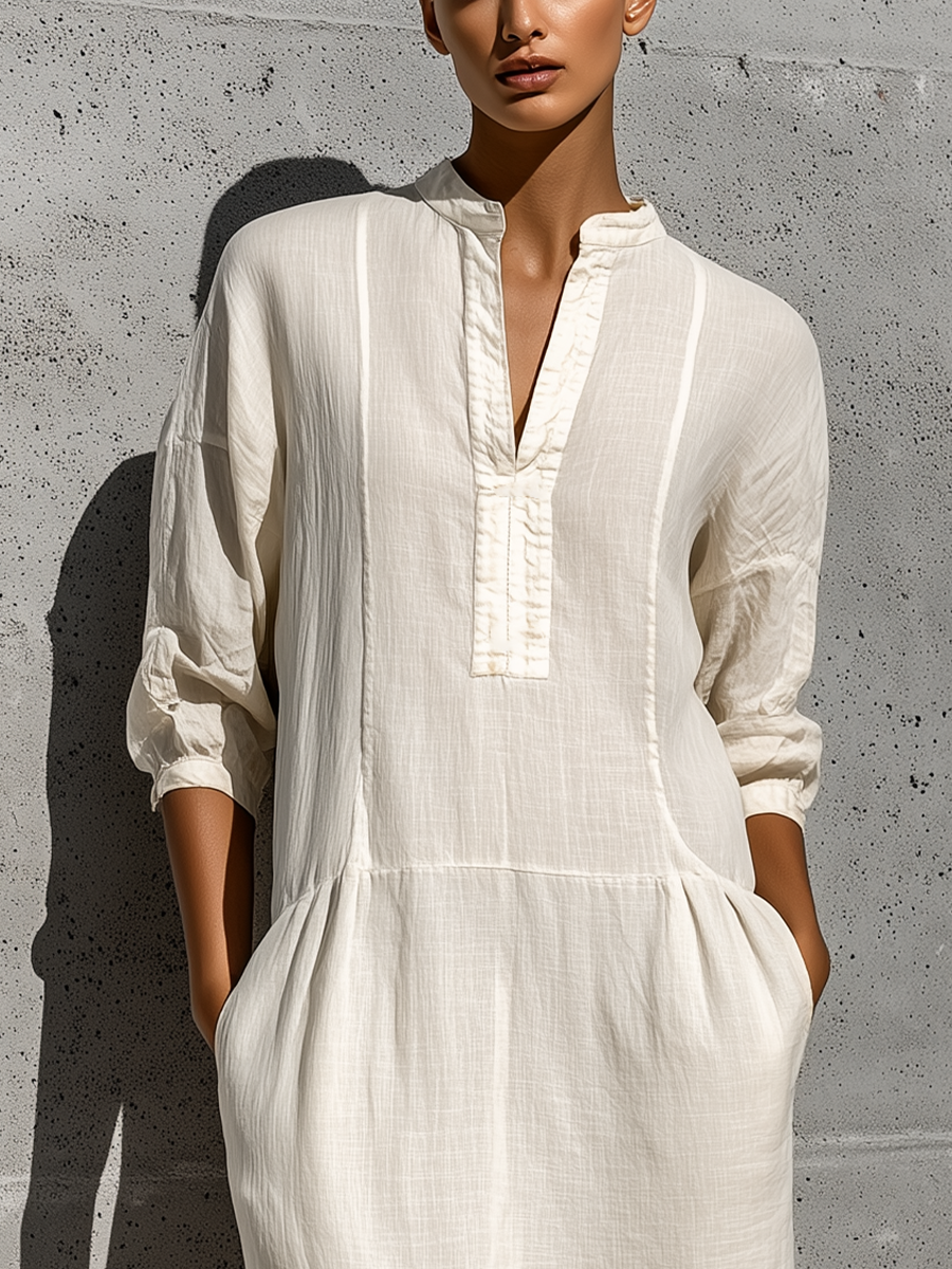 Women's Off White Cotton-linen Blend Stand Collar Split Neck Three Quarter Sleeve Pocket Midi Dress