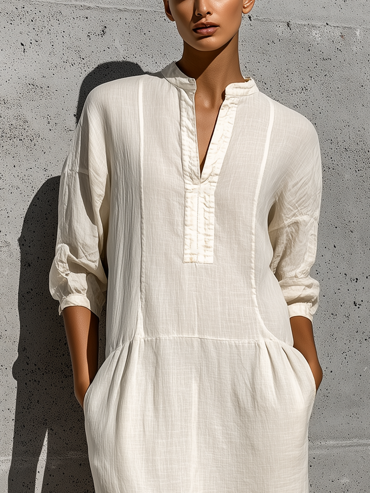 Women's Off White Cotton-linen Blend Stand Collar Split Neck Three Quarter Sleeve Pocket Midi Dress