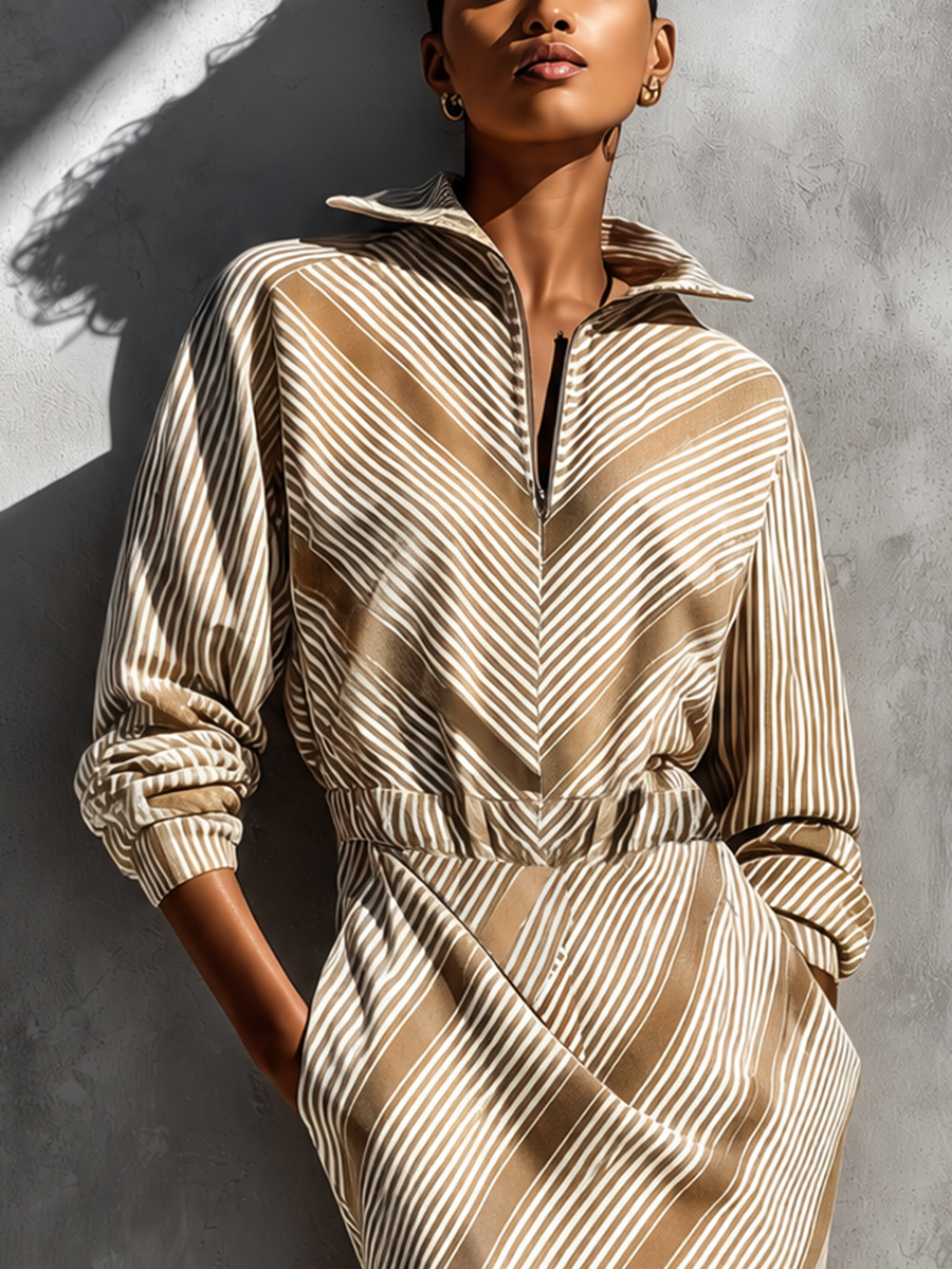 Women's Khaki Cotton-linen Stripe Collared Half Zip Waist Pocket Midi Shirt Dress