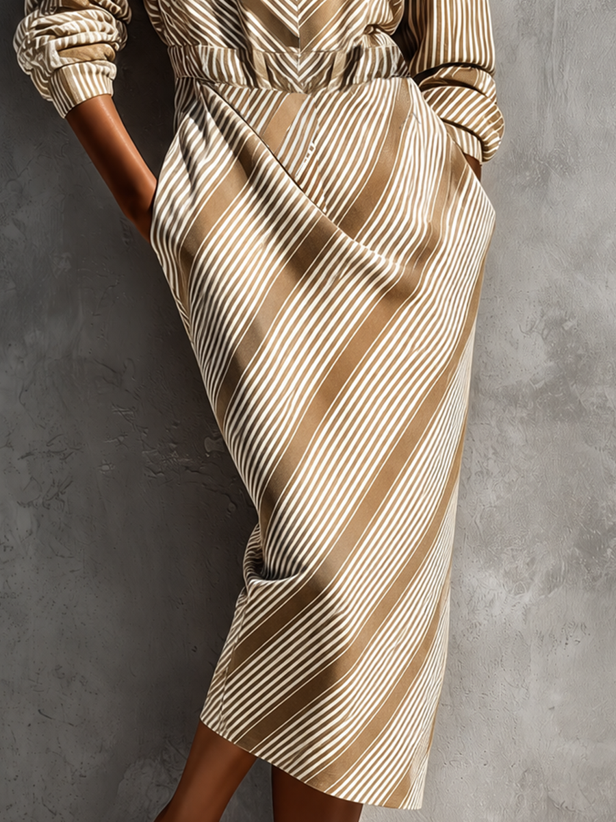 Women's Khaki Cotton-linen Stripe Collared Half Zip Waist Pocket Midi Shirt Dress