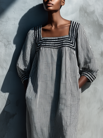 Women's Black White Vertical Stripe Linen Square Neck Puff Sleeve Pocket Loose Midi Dress