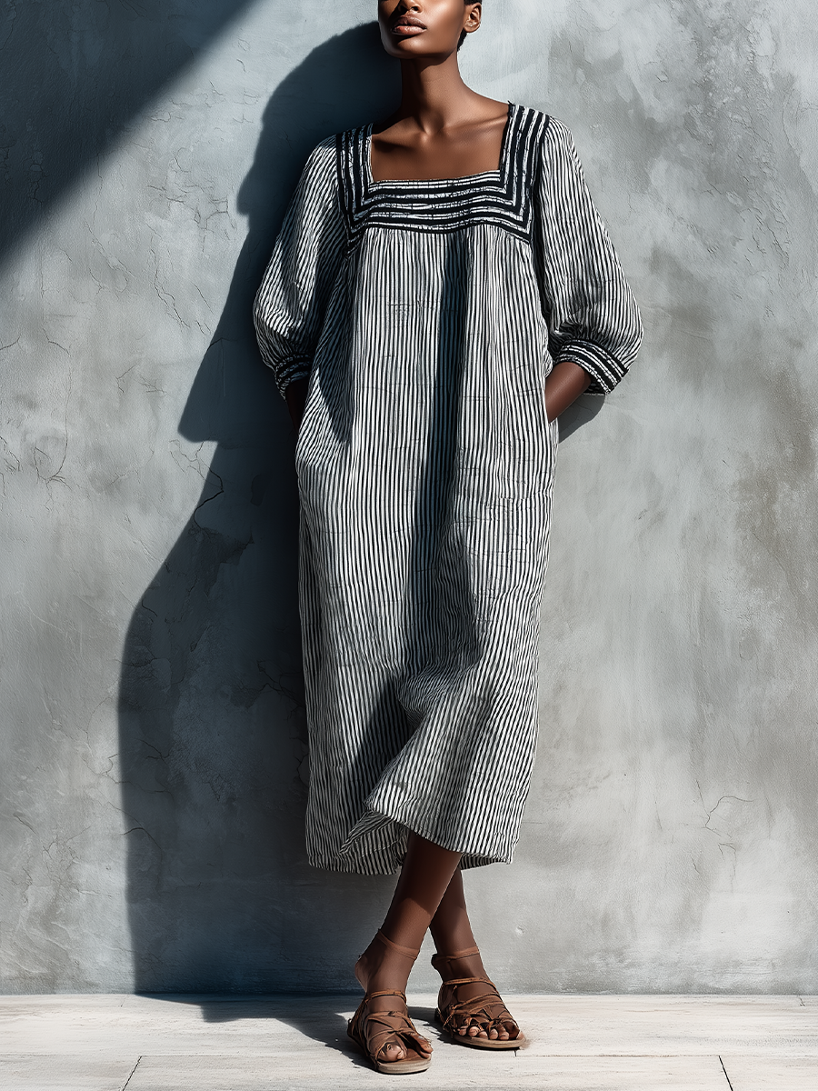 Women's Black White Vertical Stripe Linen Square Neck Puff Sleeve Pocket Loose Midi Dress