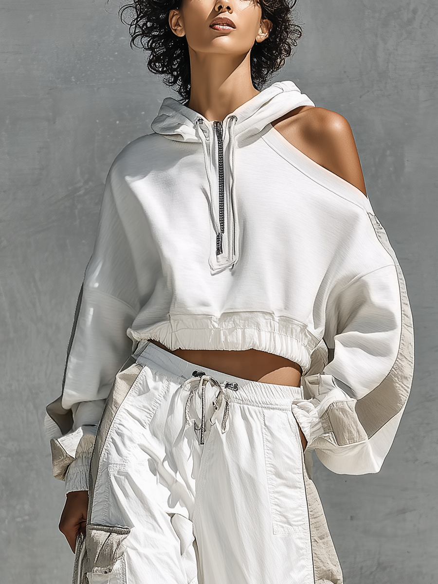 Women's Two Tone Patchwork Asymmetrical Cold Shoulder Hooded Sweatshirt Multi Pocket Cargo Pants Tracksuit Set