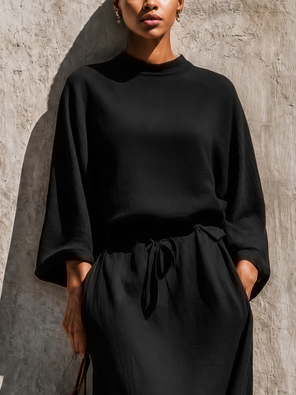 Women's Solid Black Linen Blend High Neck Loose Top Matching Wide Leg Polka Dot Trim Maxi Skirt Two Piece Set