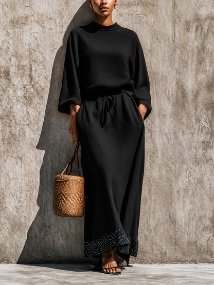 Women's Solid Black Linen Blend High Neck Loose Top Matching Wide Leg Polka Dot Trim Maxi Skirt Two Piece Set