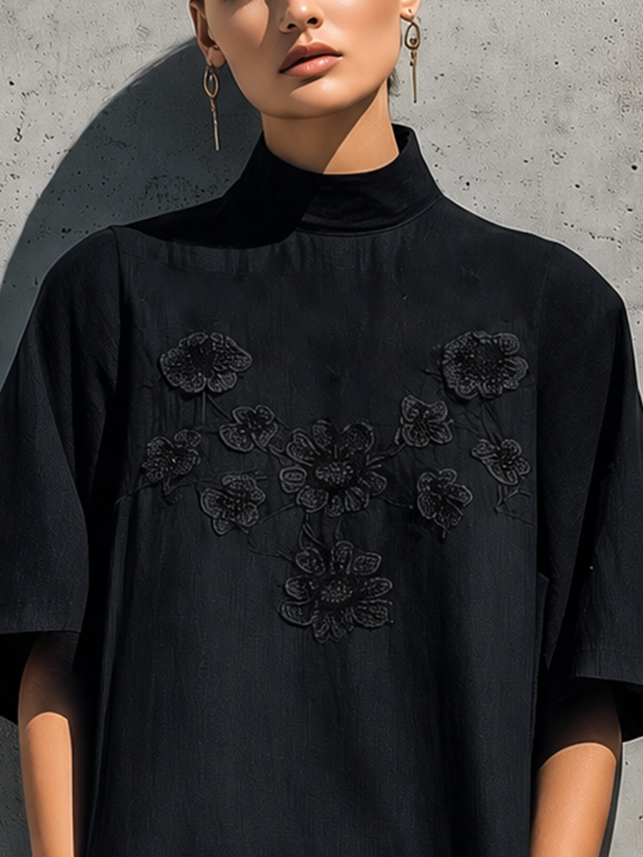 Women's Black Linen High Neck Floral Lace Embroidery Short Sleeve Pocket Loose Midi Dress