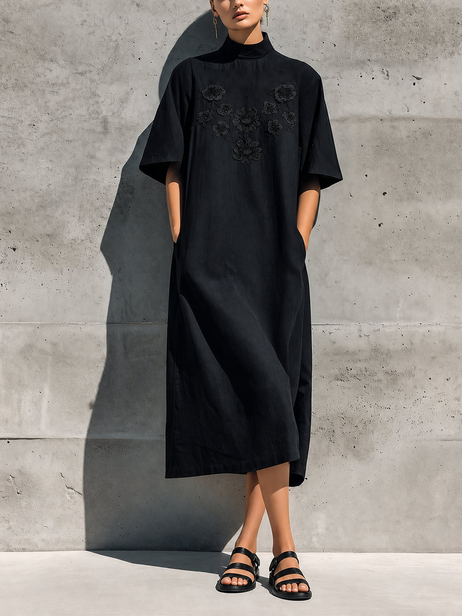 Women's Black Linen High Neck Floral Lace Embroidery Short Sleeve Pocket Loose Midi Dress