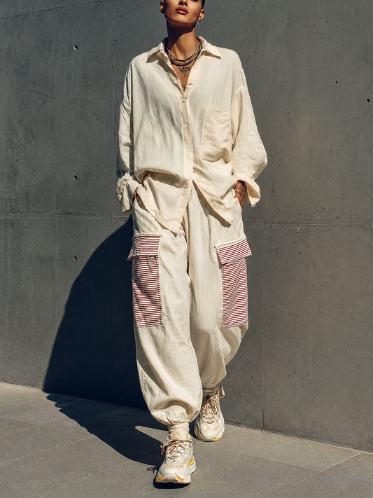 Women's Cream Linen Oversized Pocket Shirt Red White Stripe Patch Cargo Jogger Pants Two Piece Outfit Set