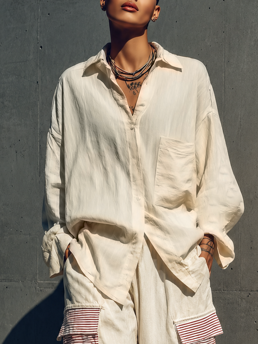 Women's Cream Linen Oversized Pocket Shirt Red White Stripe Patch Cargo Jogger Pants Two Piece Outfit Set