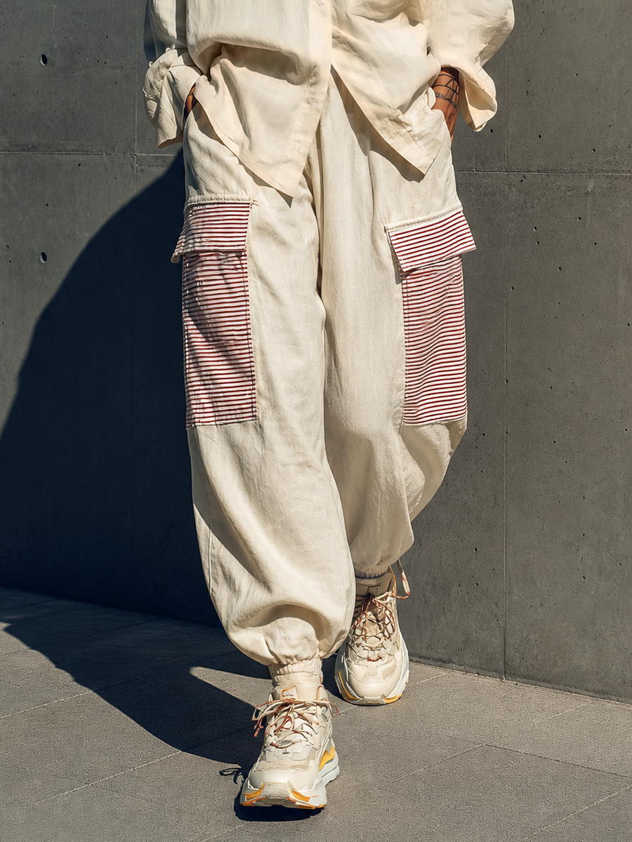 Women's Cream Linen Oversized Pocket Shirt Red White Stripe Patch Cargo Jogger Pants Two Piece Outfit Set