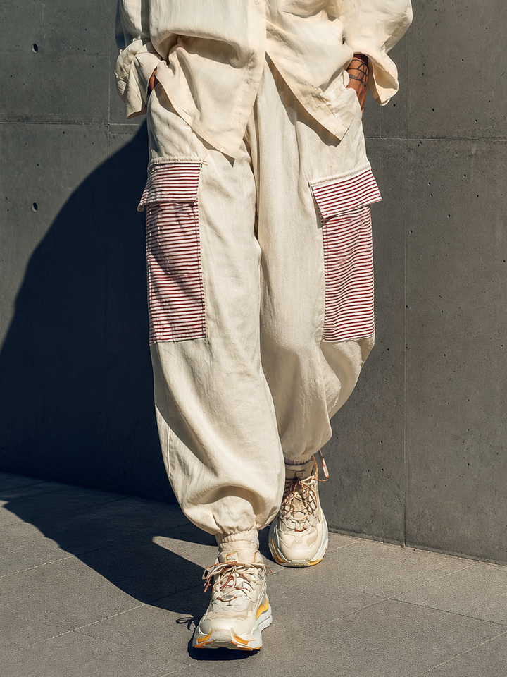 Women's Cream Linen Oversized Pocket Shirt Red White Stripe Patch Cargo Jogger Pants Two Piece Outfit Set