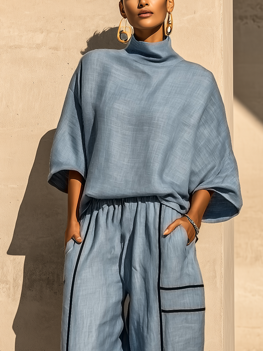 Women's Dusty Blue Linen Turtleneck Three Quarter Sleeve Top Contrast Stripe Drawstring Wide Leg Pants Two Piece Set