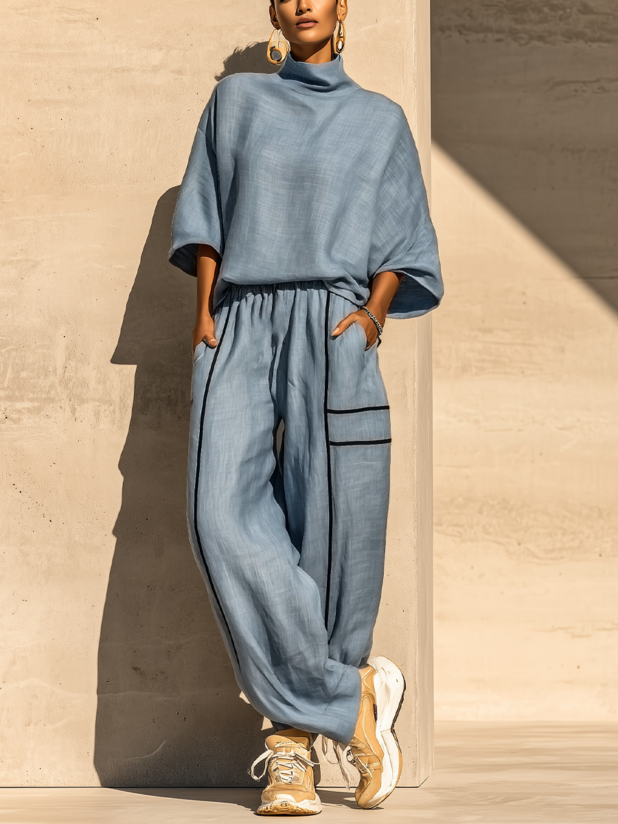 Women's Dusty Blue Linen Turtleneck Three Quarter Sleeve Top Contrast Stripe Drawstring Wide Leg Pants Two Piece Set