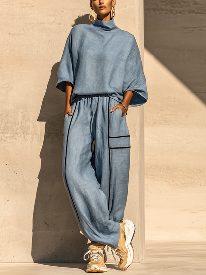Women's Dusty Blue Linen Turtleneck Three Quarter Sleeve Top Contrast Stripe Drawstring Wide Leg Pants Two Piece Set