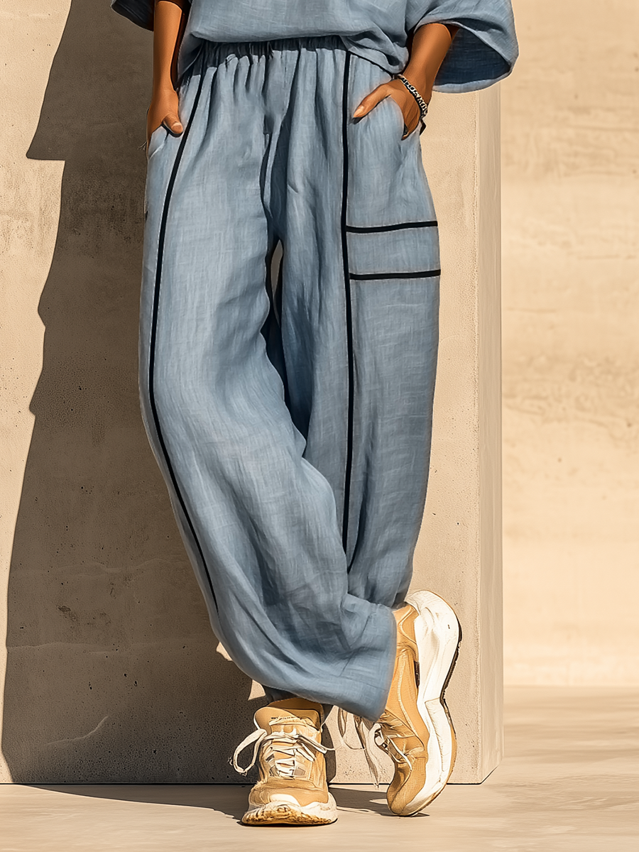 Women's Dusty Blue Linen Turtleneck Three Quarter Sleeve Top Contrast Stripe Drawstring Wide Leg Pants Two Piece Set