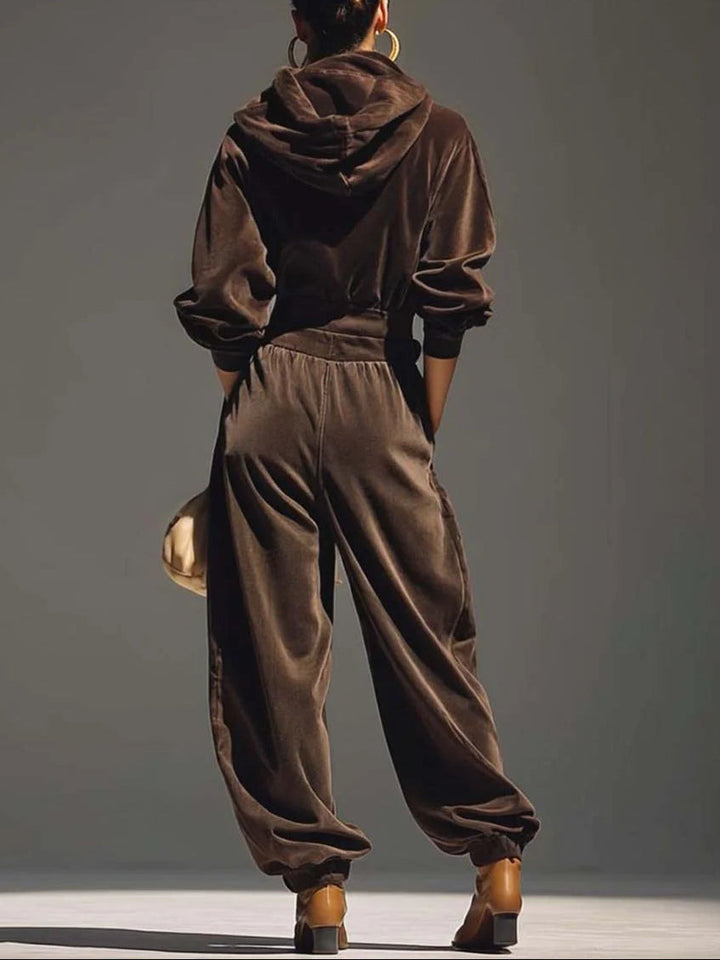 Conjunto de sudadera con capucha y pantalón holgado de terciopelo marrón vintage (incluye cinturón)