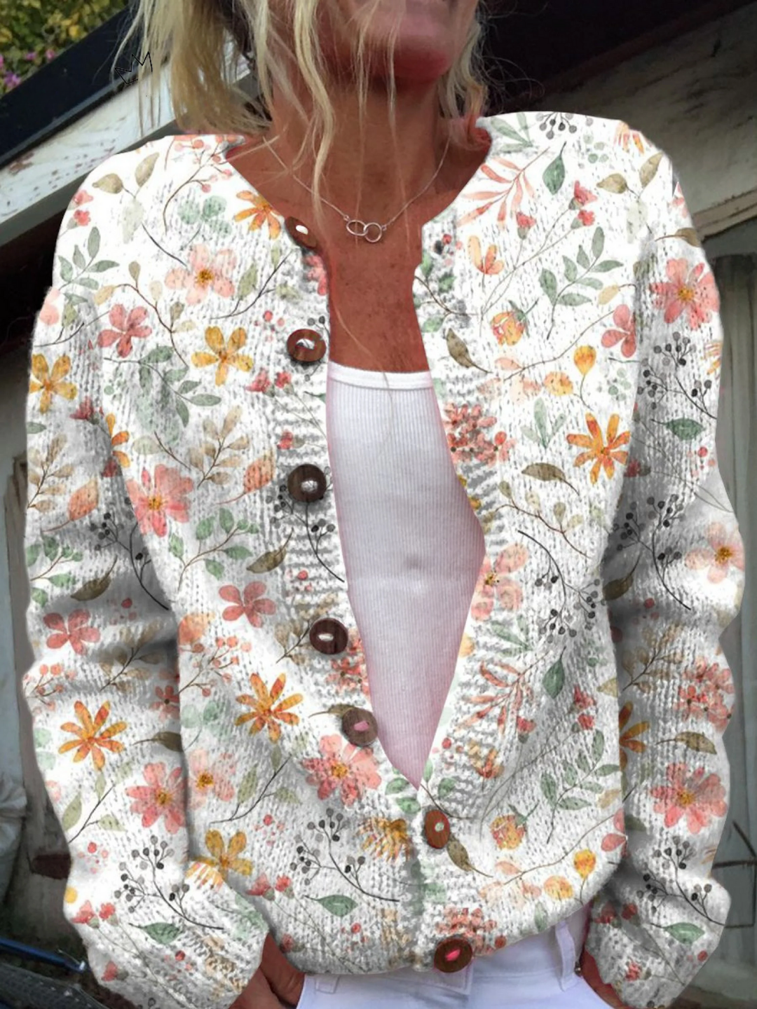 Suéter tipo cárdigan con botones y estampado de flores pequeñas, bonito y fresco