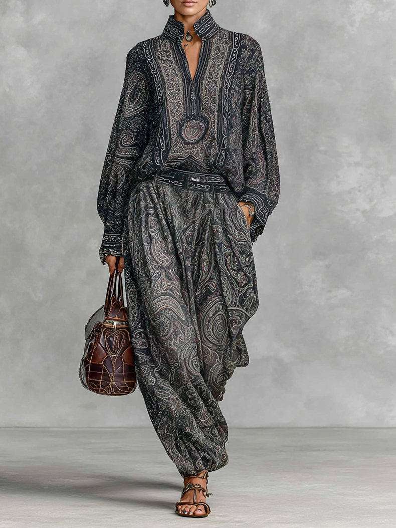 Women's Vintage Paisley Print Stand-up Collar Long Sleeve Shirt Trousers Two-piece Set