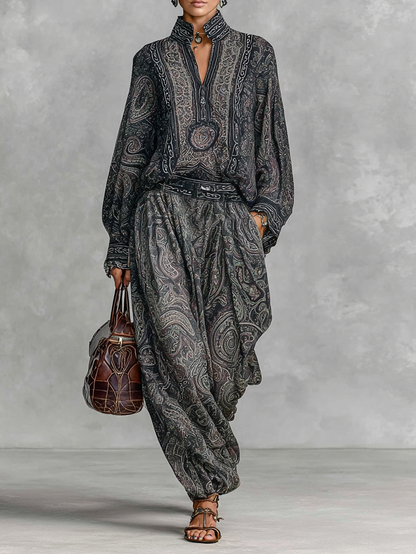 Women's Vintage Paisley Print Stand-up Collar Long Sleeve Shirt Trousers Two-piece Set