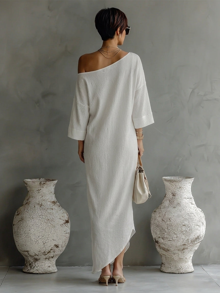 Women's Ivory White Cotton-Linen Blend One-Shoulder Flowing Elegant Dress