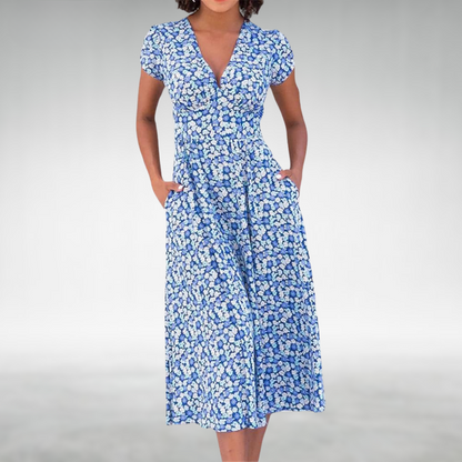 Women’s Floral V-Neck Pocket Midi Dress
