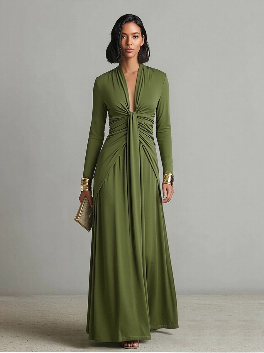 Women's Olive Silky Stretchy Dress With Deep V-Neck & Ruched Detail, Glamorous Maxi Dress