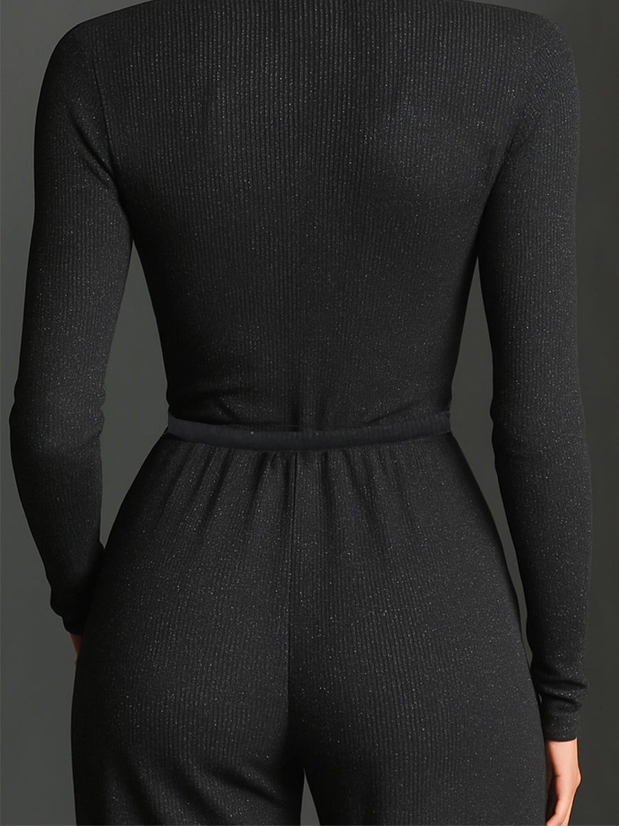 Women's Elegant Knit Sparkling Zipper Front Jumpsuit