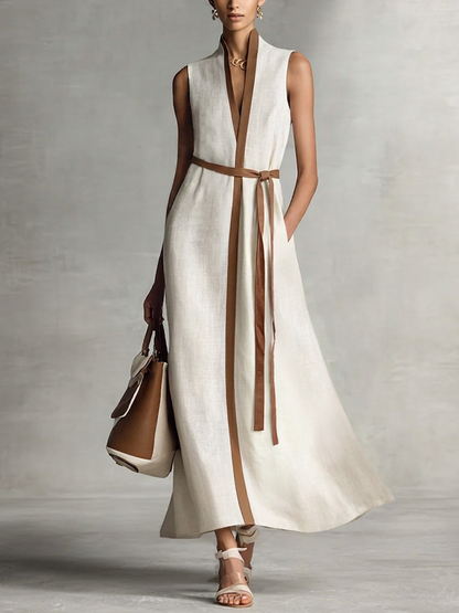 Women's Sleeveless V-Neck Tie-Waist Cotton Linen Maxi Dress