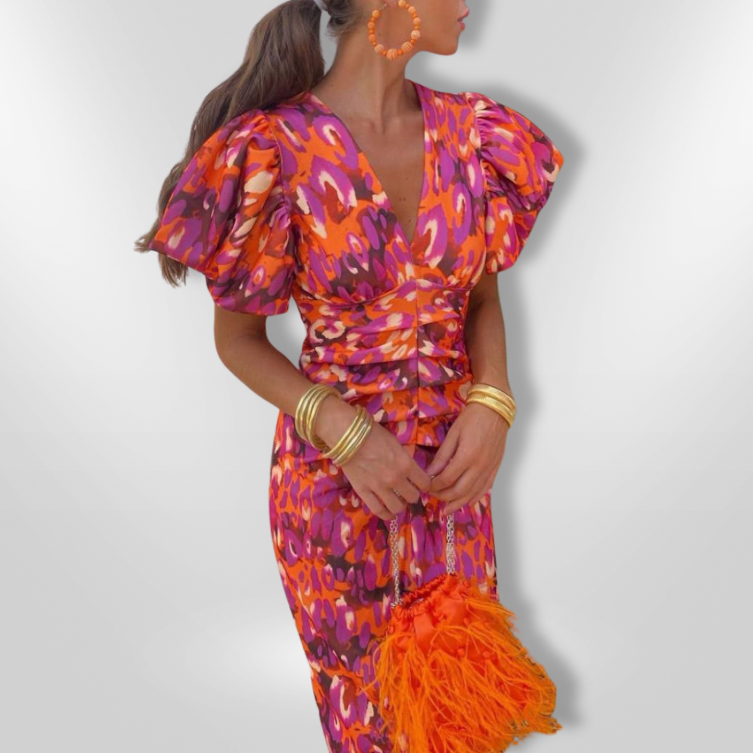 Oranit | Pleated Sleeve Colourful Dress